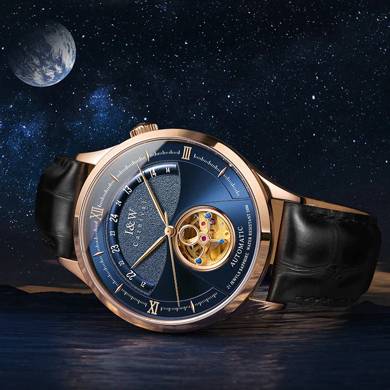 "Exquisite Luxury Blue Tourbillon Mechanical Watch for Men - I&W MIYOTA Automatic Movement, Waterproof Design, Sapphire Glass, and Genuine Italian Leather Band - A Timepiece of Elegance and Sophistication!"