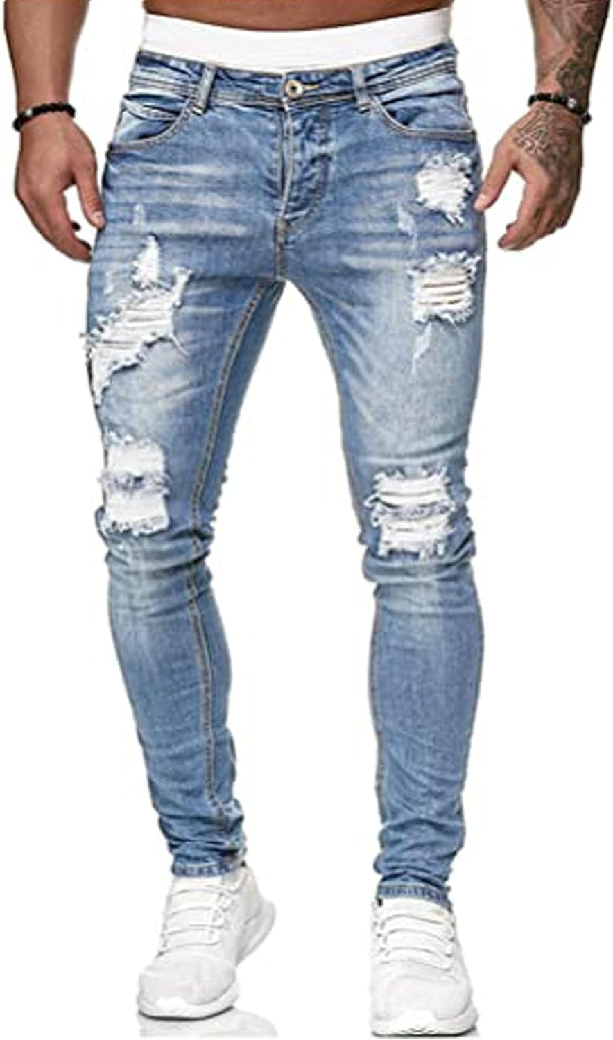 "Premium Men's Slim Fit Destroyed Skinny Jeans - Trendy Blue Denim with Stretch for Maximum Comfort and Stylish Side Stripes"