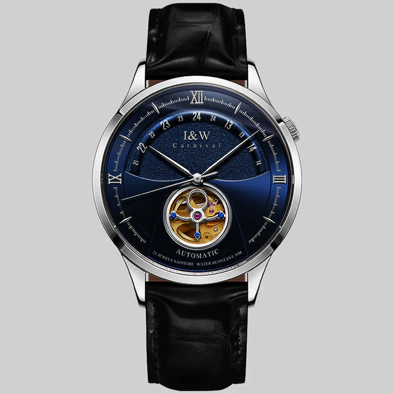 "Exquisite Luxury Blue Tourbillon Mechanical Watch for Men - I&W MIYOTA Automatic Movement, Waterproof Design, Sapphire Glass, and Genuine Italian Leather Band - A Timepiece of Elegance and Sophistication!"