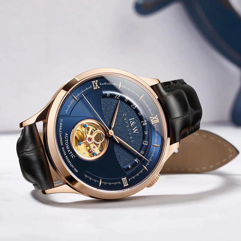 "Exquisite Luxury Blue Tourbillon Mechanical Watch for Men - I&W MIYOTA Automatic Movement, Waterproof Design, Sapphire Glass, and Genuine Italian Leather Band - A Timepiece of Elegance and Sophistication!"