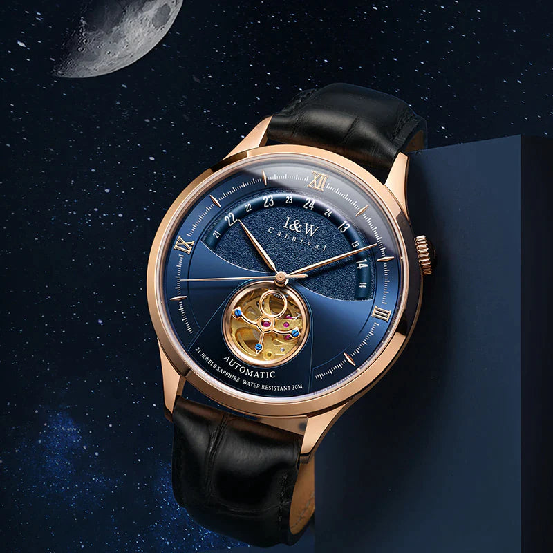 "Exquisite Luxury Blue Tourbillon Mechanical Watch for Men - I&W MIYOTA Automatic Movement, Waterproof Design, Sapphire Glass, and Genuine Italian Leather Band - A Timepiece of Elegance and Sophistication!"