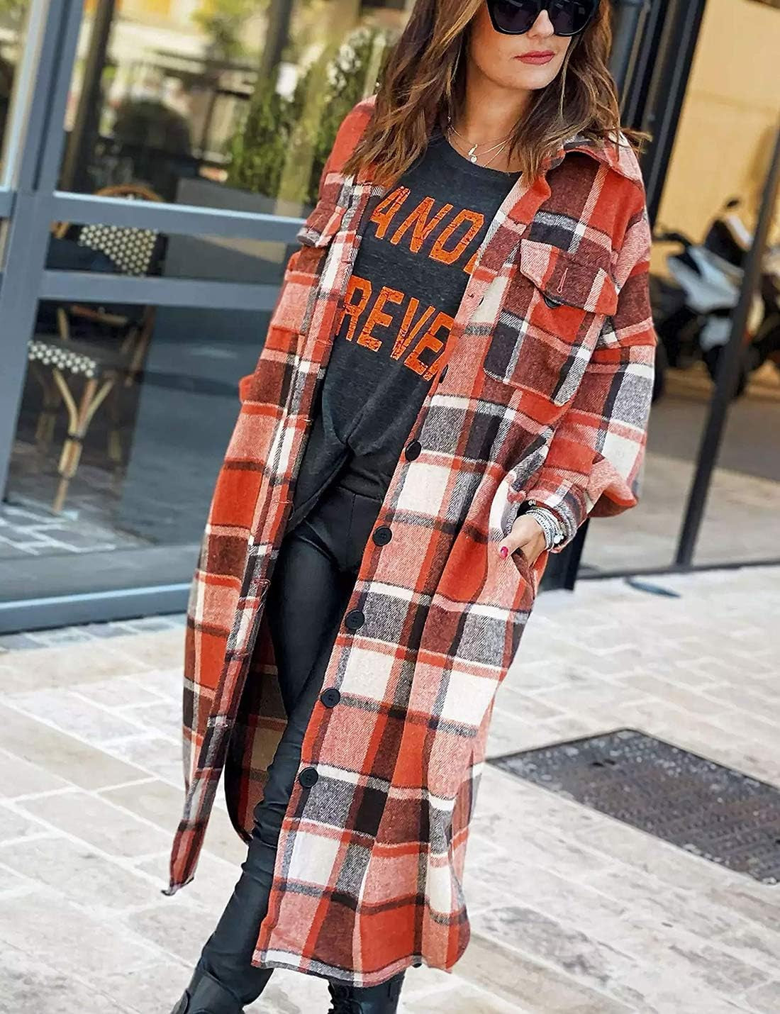 "Cozy Chic: Women's Plaid Lounge Shirt Jacket - Button Up, Lapel Collar, Long Sleeve"