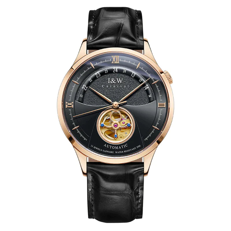 "Exquisite Luxury Blue Tourbillon Mechanical Watch for Men - I&W MIYOTA Automatic Movement, Waterproof Design, Sapphire Glass, and Genuine Italian Leather Band - A Timepiece of Elegance and Sophistication!"