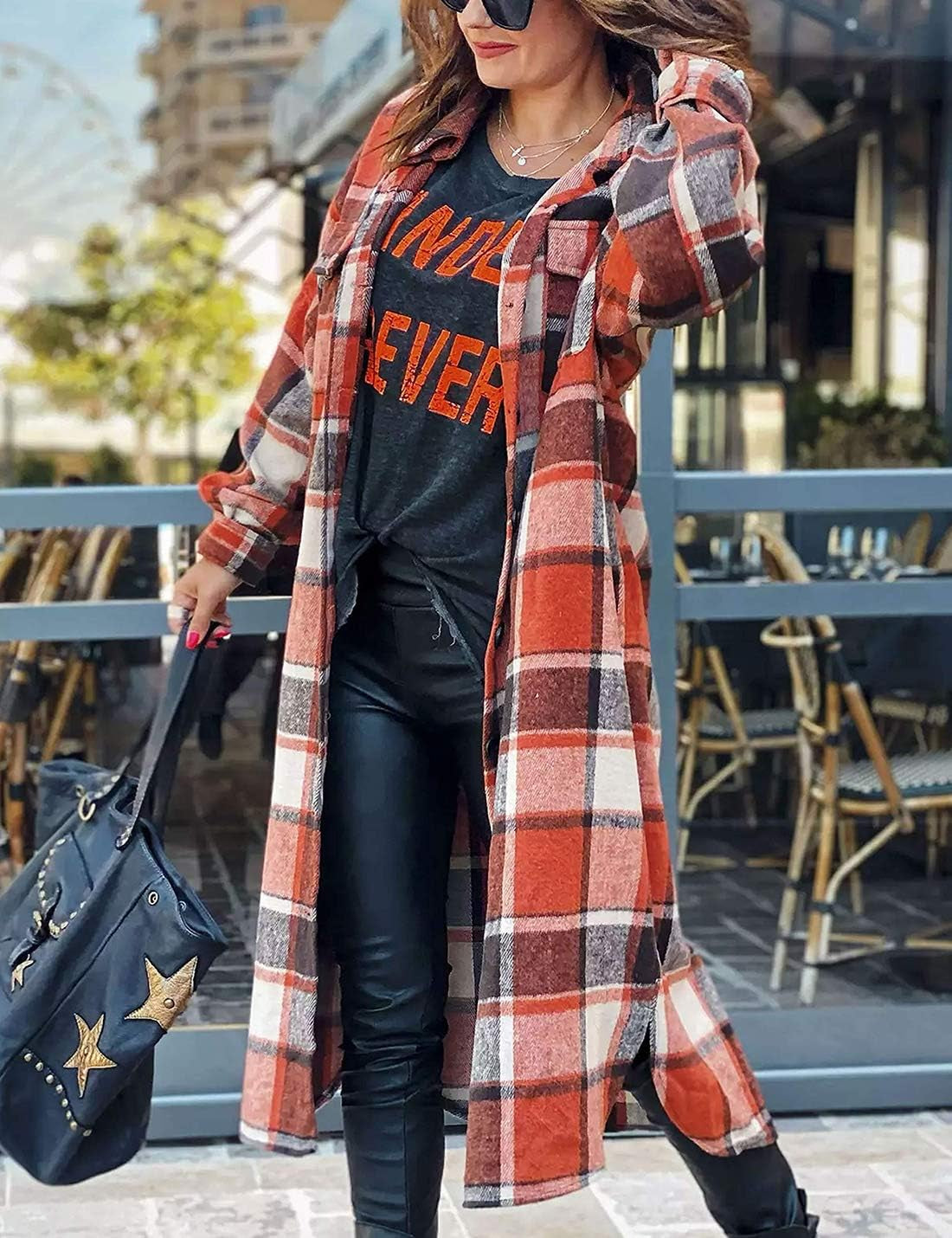 "Cozy Chic: Women's Plaid Lounge Shirt Jacket - Button Up, Lapel Collar, Long Sleeve"