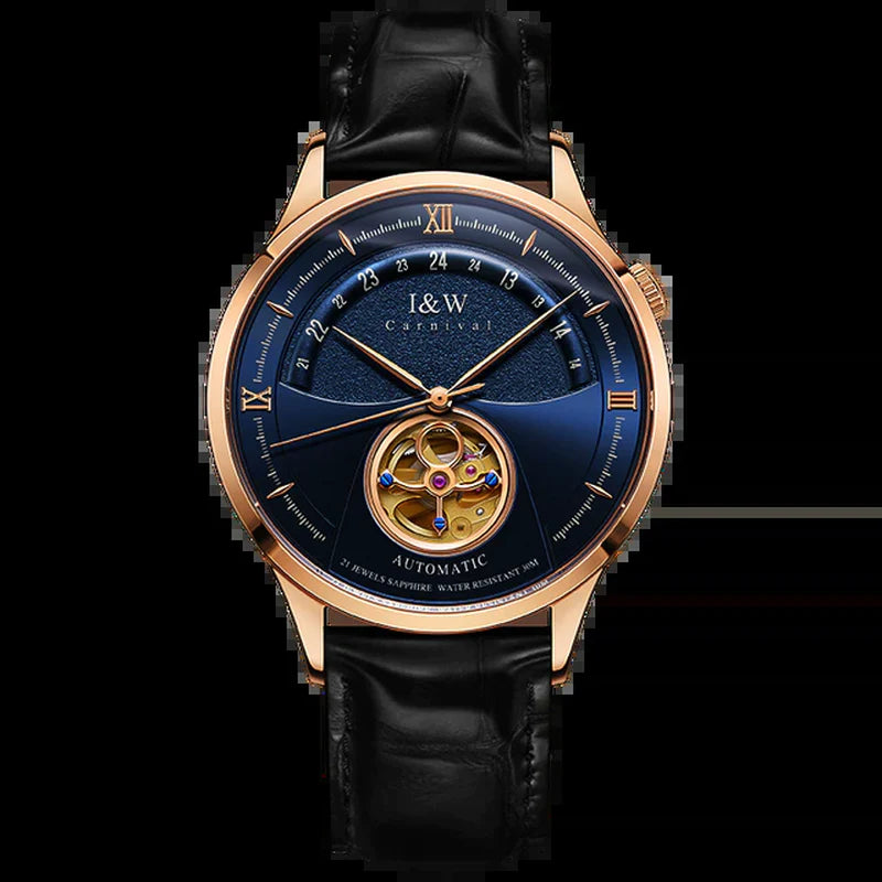 "Exquisite Luxury Blue Tourbillon Mechanical Watch for Men - I&W MIYOTA Automatic Movement, Waterproof Design, Sapphire Glass, and Genuine Italian Leather Band - A Timepiece of Elegance and Sophistication!"